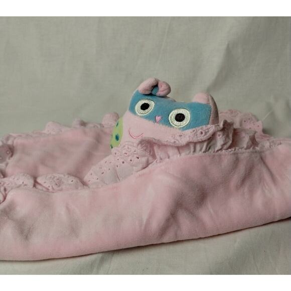 2013 Babies R Us Pink Owl Plush Security Blanket Lovey Pink Eyelet Trim 14" Soft - Picture 3 of 3